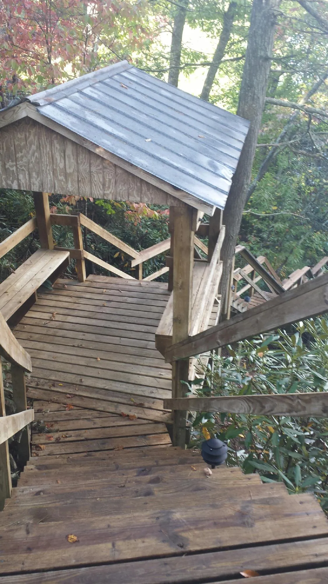 Metal roofed shelter over wooden steps on a wooded walkway — Skylight Repair & Installation work by our crew in Chattahoochee